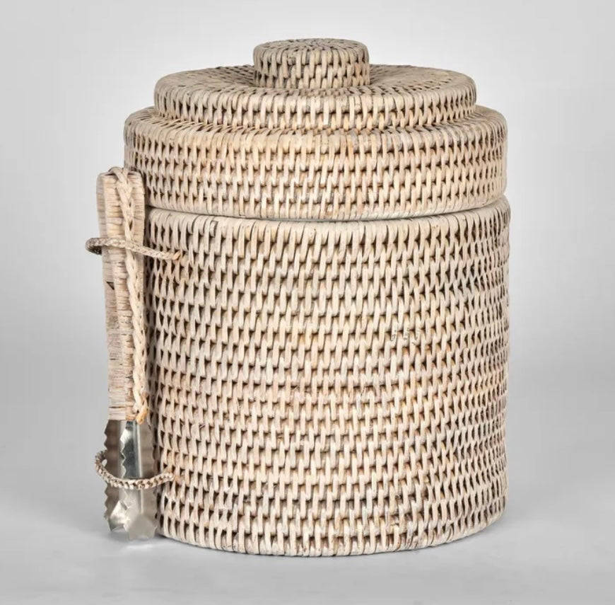 PAUME RATTAN ICE BUCKET W TONG WHITE WASH
