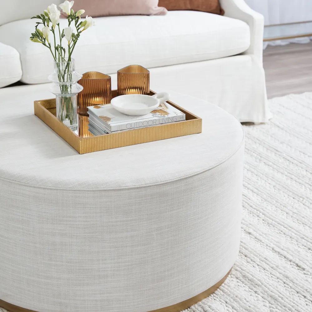 Ames Round Ottoman - Off White Linen