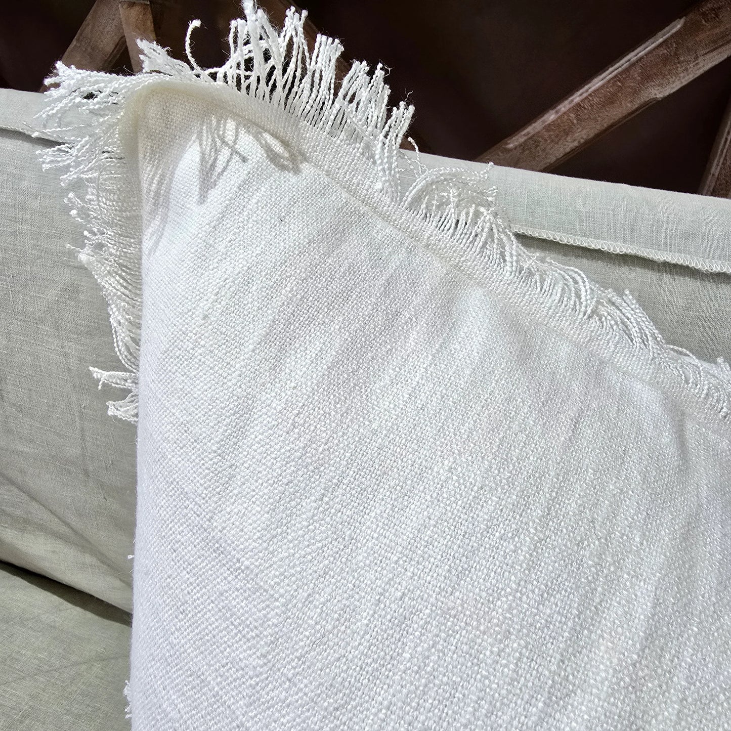 Rhea Linen Fringe Cushion 55cm Square - White