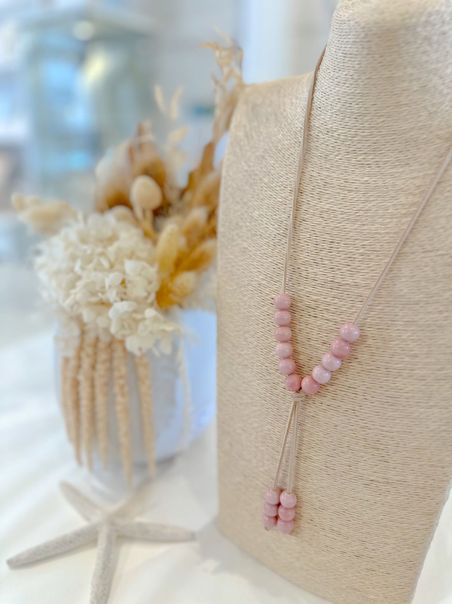 Dusty Pink Beads and Leather Necklace