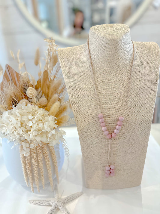 Dusty Pink Beads and Leather Necklace