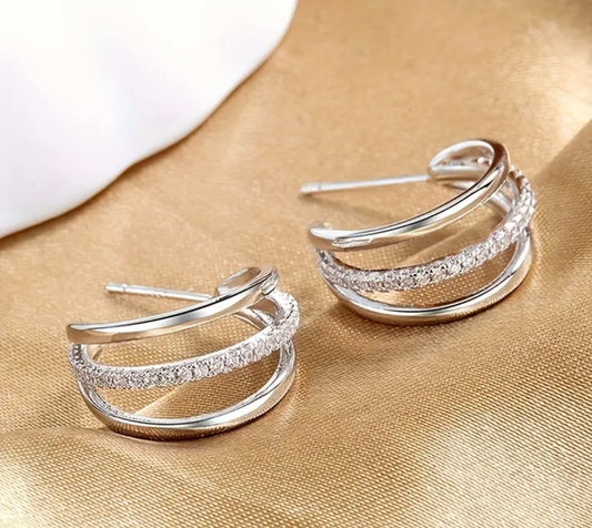 Silver & Crystal Triple Hoops Earrings