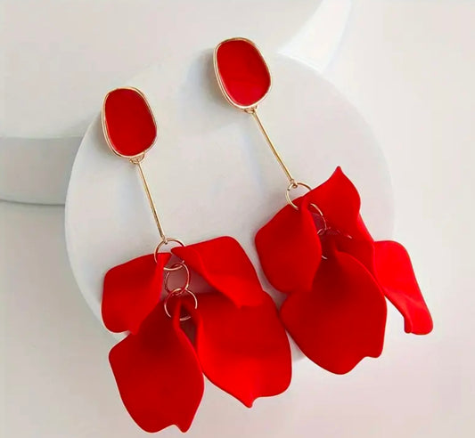 Rose Petal Tassel Earrings - Red