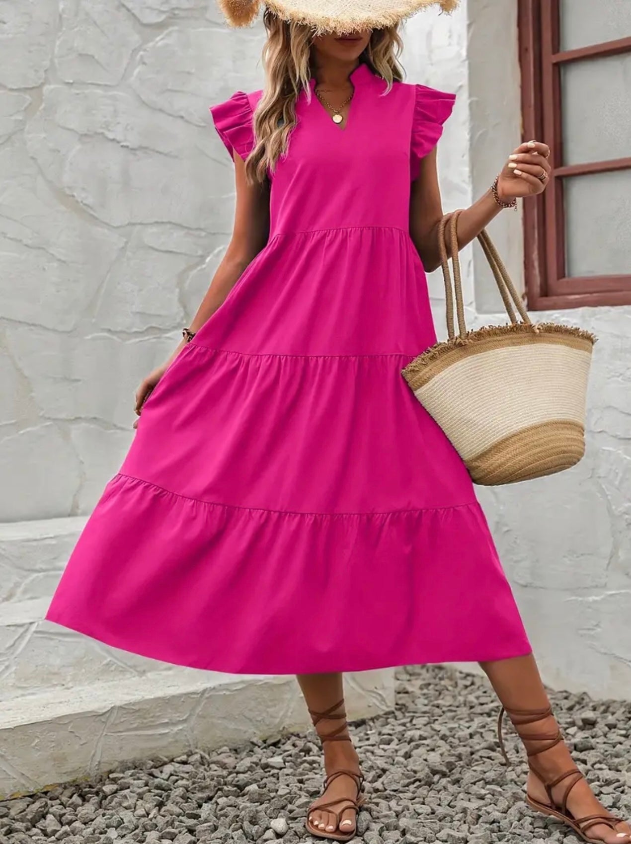 Ruffle Sleeve Dress - Hot Pink