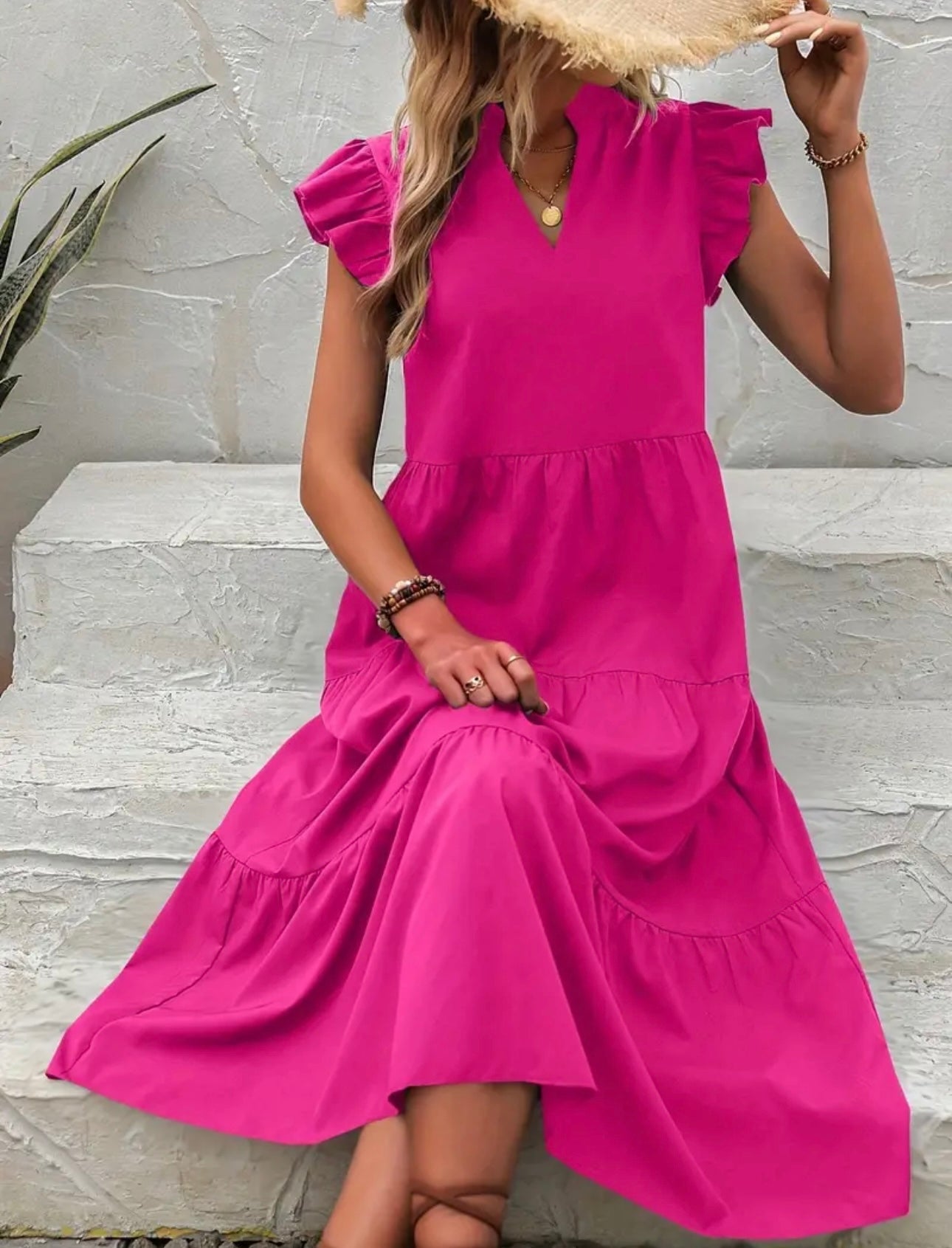 Ruffle Sleeve Dress - Hot Pink