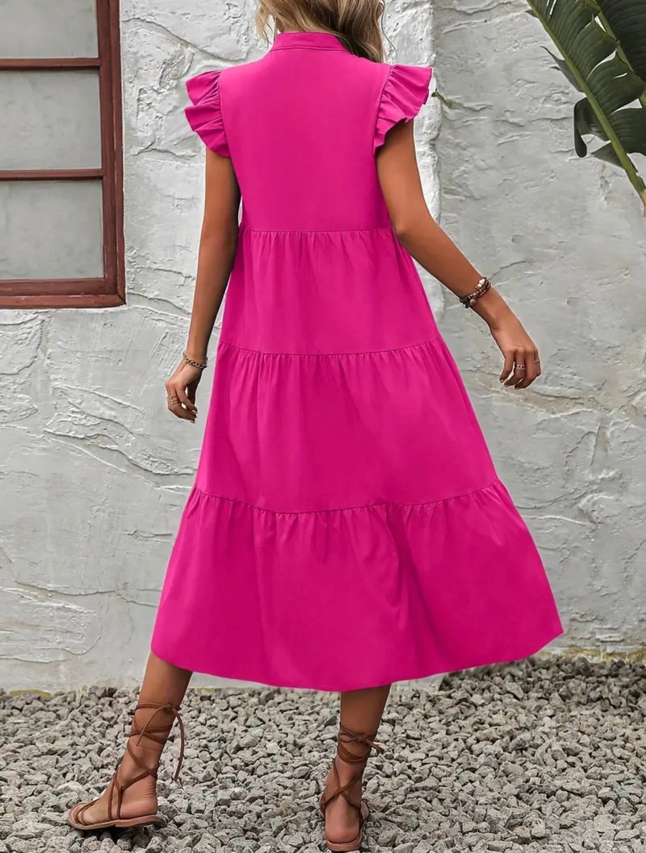 Ruffle Sleeve Dress - Hot Pink