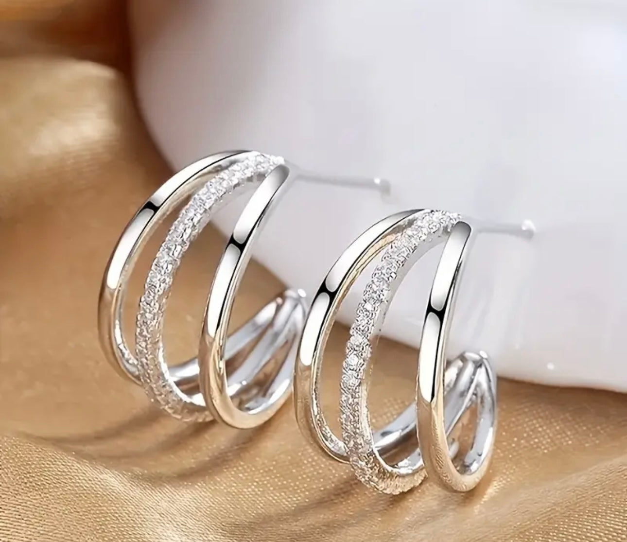 Silver & Crystal Triple Hoops Earrings