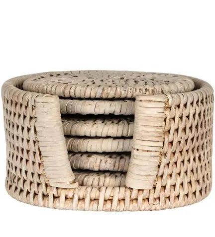 Paume Rattan Round Coaster Set 6 Whitewash