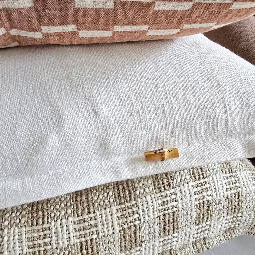 Linen Cotton Cushion 55cm Square - White | Wooden Button